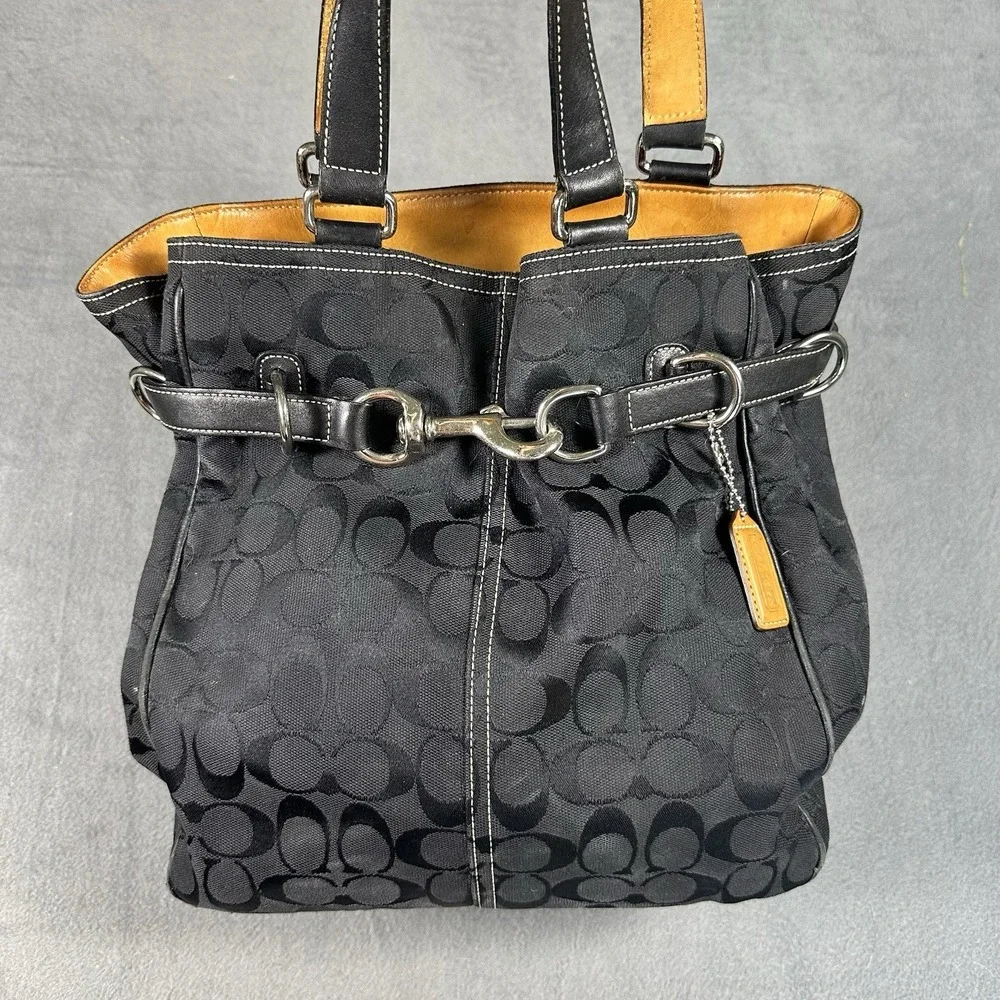 Coach Hampton Signature Belted Carryall Tote Black Jacquard Cognac Y2K 2004